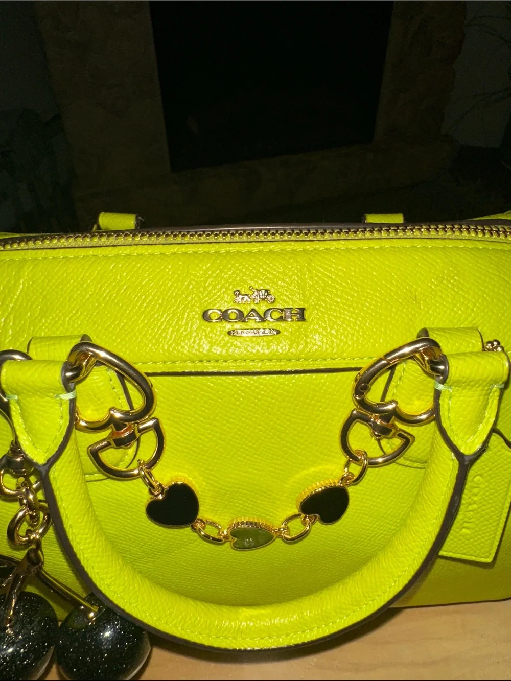 💚💛💚💛Coach Neon Yellow/lime Saffiano Leather Satchel with Cherry Charm